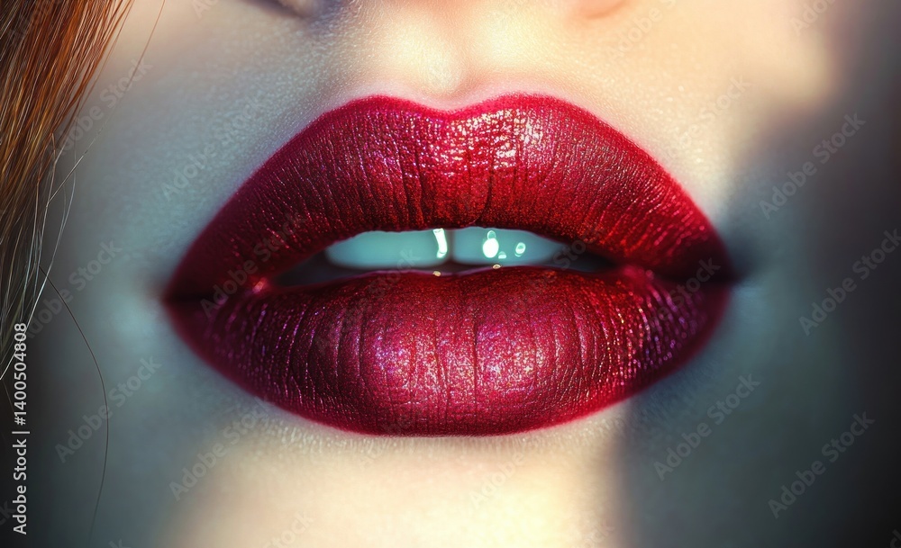 Obraz premium Close-up portrait of beautiful red lips with bright lipstick and gloss in surreal style dramatic lighting