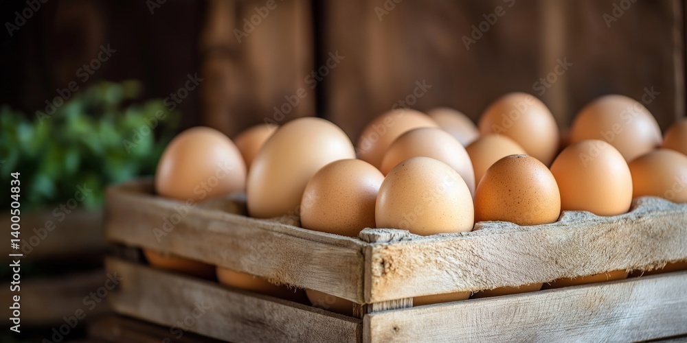 A rustic wooden crate filled with fresh, brown eggs showcasing their natural colors and textures.