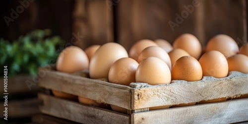 Obraz na płótnie A rustic wooden crate filled with fresh, brown eggs showcasing their natural colors and textures. w salonie