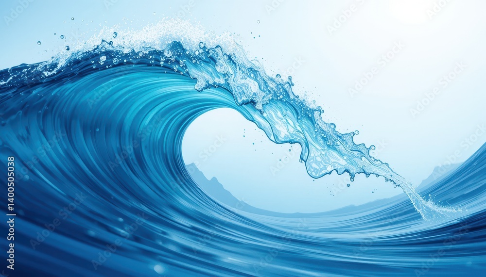 Majestic ocean wave crashing against the shore with foam and sparkling blue water under sunshine Majestic ocean wave crashing against the shore with foam and sparkling blue water under sunshine