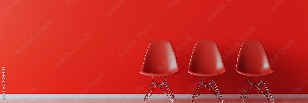 Three modern red chairs set against a simple red wall, emphasizing minimalist design and bold color choices.