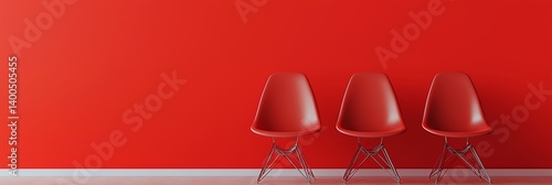 Obraz na płótnie Three modern red chairs set against a simple red wall, emphasizing minimalist design and bold color choices. w salonie