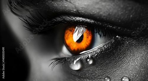 A close-up of an expressive eye conveying deep emotion with striking colors and a tear drop reflecting beauty.