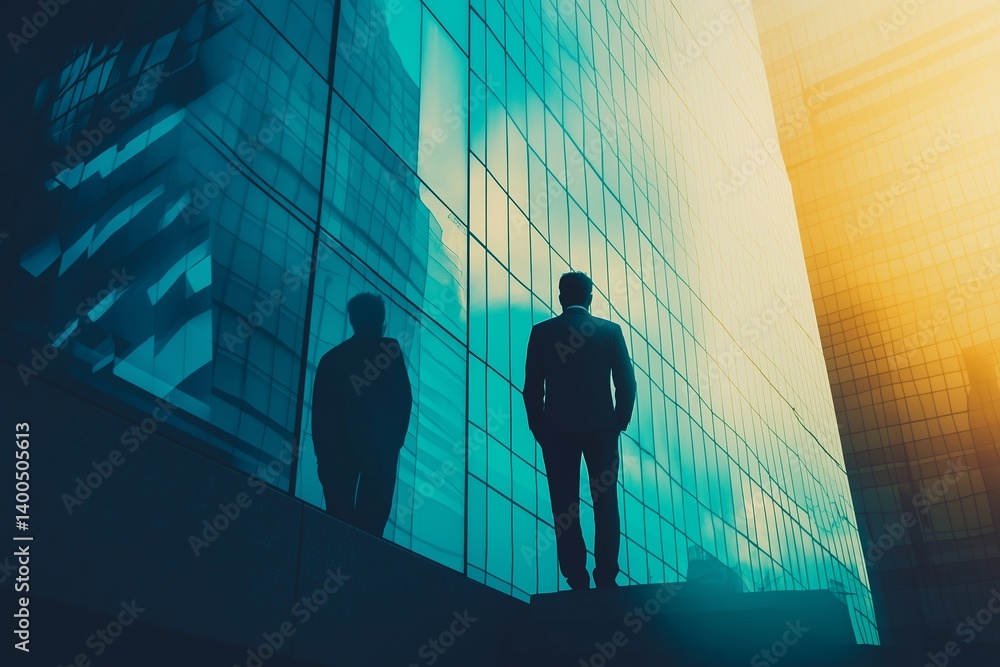 A silhouette of a professional figure stands contemplatively against an urban skyline reflecting a dynamic city.