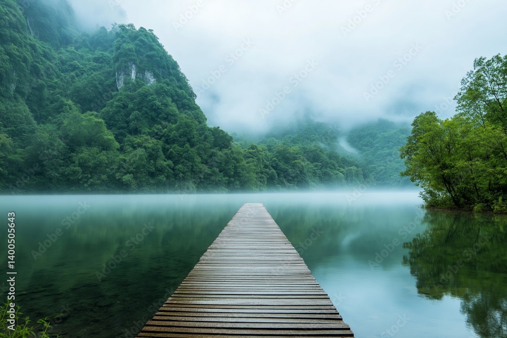 A serene view of a misty lake featuring a tranquil wooden pathway, embodying peace and natural beauty.