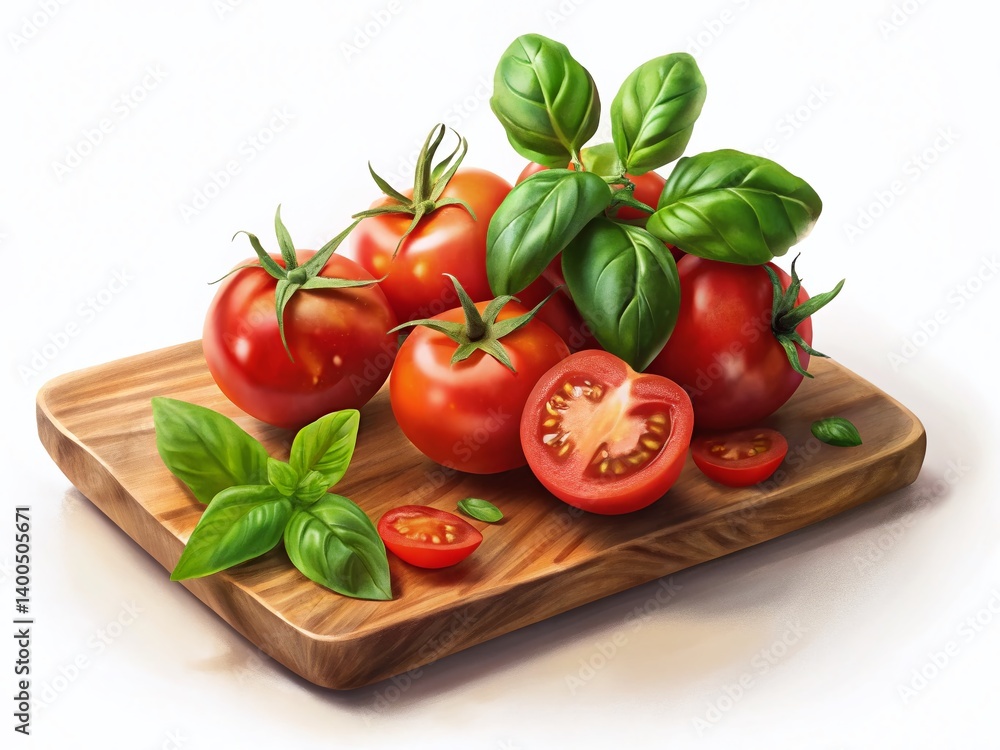 Fresh Ripe Tomatoes and Basil on Rustic Wooden Board - White Background Stock Photo Fresh Ripe Tomatoes and Basil on Rustic Wooden Board - White Background Stock Photo