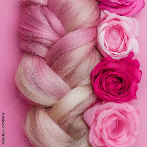 A visually appealing arrangement of pink braided hair adorned with beautiful, vibrant flowers showcasing elegance.