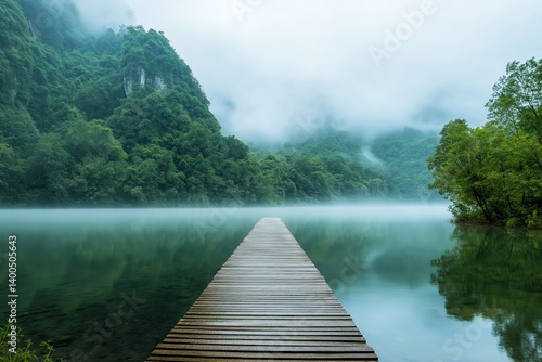 Obraz na płótnie A serene view of a misty lake featuring a tranquil wooden pathway, embodying peace and natural beauty. w salonie