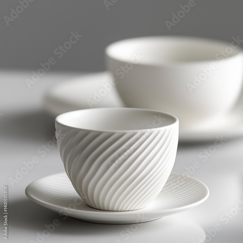 Beautifully designed white cups displayed on a sleek table.
