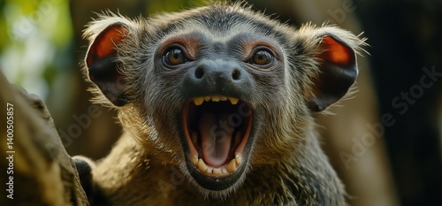 Obraz na płótnie A monkey displaying an intense expression while perched on a branch in nature. w salonie