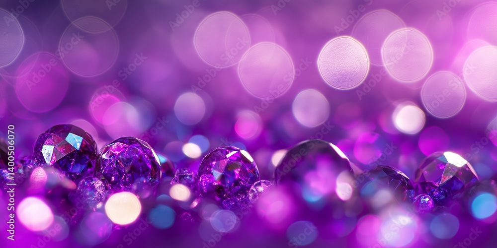 Purple gems sparkle against a soft, dreamy backdrop for a magical effect.