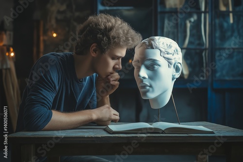 A young man contemplates life beside a classic bust and book.