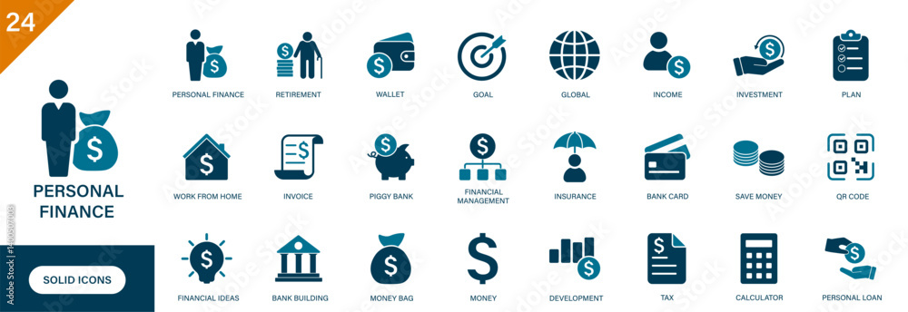Personal finance icon. Containing financial management, savings, debt management, bank, investment. Personal finance icon. Containing financial management, savings, debt management, bank, investment.