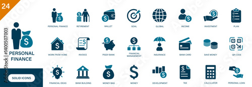 Personal finance icon. Containing financial management, savings, debt management, bank, investment.