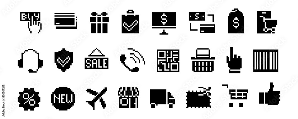Black pixel art shopping and e-commerce icon set with buy button, credit card, gift, shopping bag, sale tag, barcode, QR code, headset, delivery truck. Pixel illustration isolated on white background.