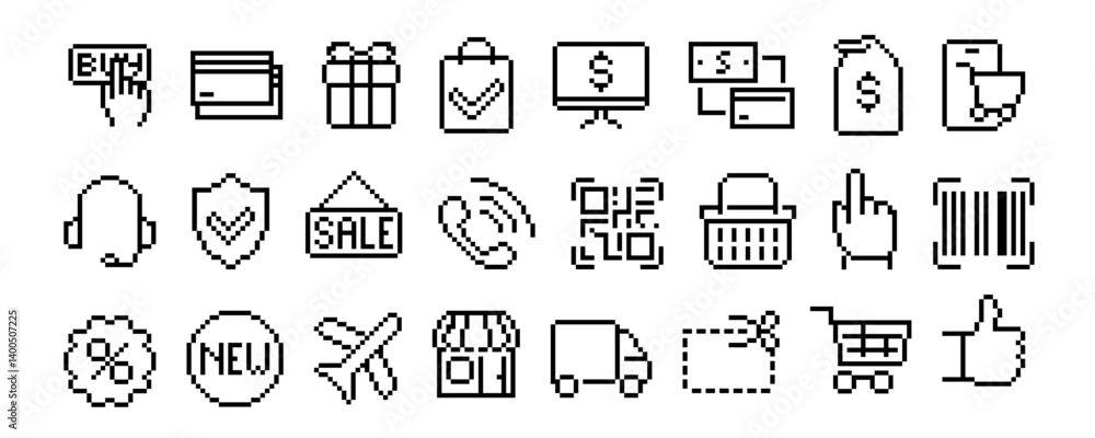 Pixel art shopping and e-commerce icon set with buy button, credit card, gift, shopping bag, sale tag, barcode, QR code, headset, delivery truck. Pixel illustration isolated. Online shopping concept