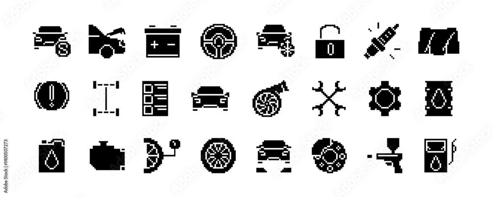 Black pixel automotive icon set with car, wheel, battery, steering wheel, lock, spark plug, wrench, gear, oil barrel, fuel gun. Pixel illustration isolated on white background. Auto repair concept