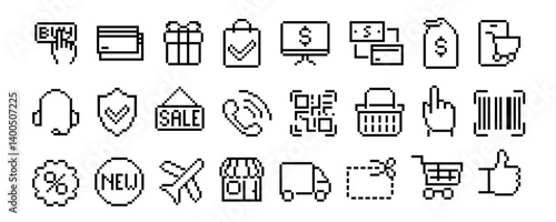Obraz na płótnie Pixel art shopping and e-commerce icon set with buy button, credit card, gift, shopping bag, sale tag, barcode, QR code, headset, delivery truck. Pixel illustration isolated. Online shopping concept w salonie