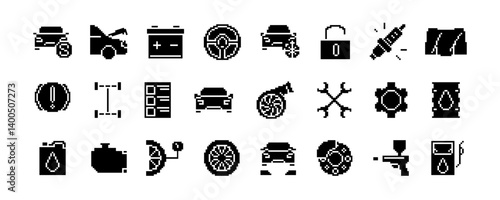Obraz na płótnie Black pixel automotive icon set with car, wheel, battery, steering wheel, lock, spark plug, wrench, gear, oil barrel, fuel gun. Pixel illustration isolated on white background. Auto repair concept w salonie