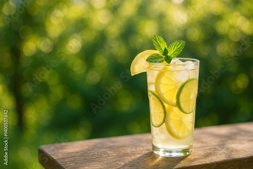 Refreshing Lemonade With Slices of Lemon and Lime Under Warm Sunlight in a Lu...