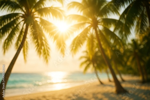 Sunlight Filters Through Palm Trees on a Serene Tropical Beach at Sunset