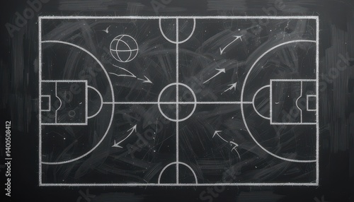 Comprehensive basketball court layout created on a chalkboard featuring players and game strategy