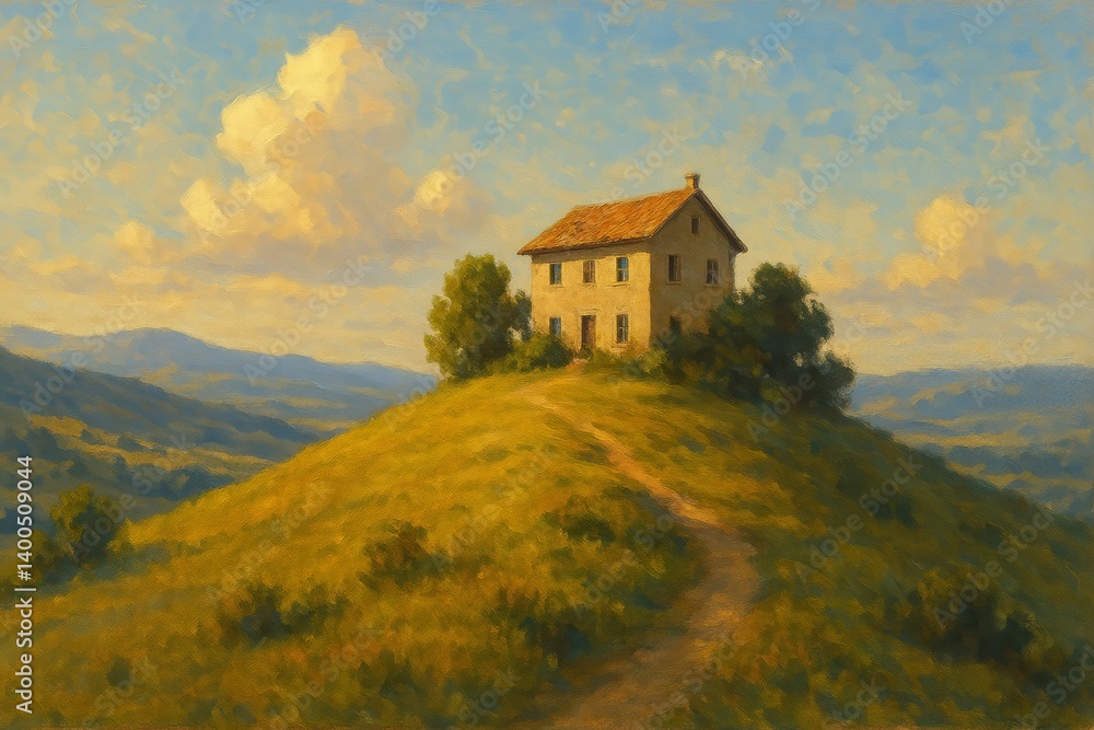 Obraz premium Charming Countryside House on a Hill Under a Blue Sky at Sunset