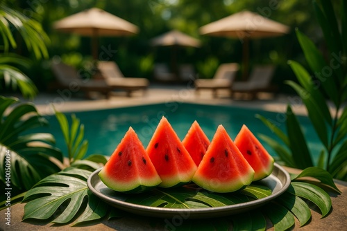 Refreshing Watermelon Slices by the Poolside Surrounded by Tropical Greenery