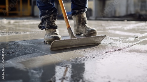 Concrete finisher smoothing a surface with a float. Featuring skill and technique