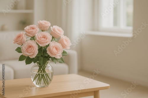 Beautiful Pink Roses in a Clear Vase on a Wooden Table in a Bright Living Room