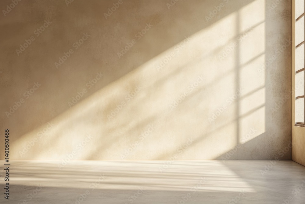 Empty light-filled beige room with large window Empty light-filled beige room with large window