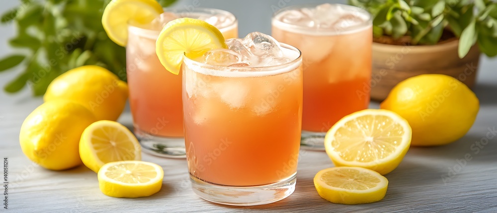 Refreshing iced drinks with lemon slices on a light table Refreshing iced drinks with lemon slices on a light table
