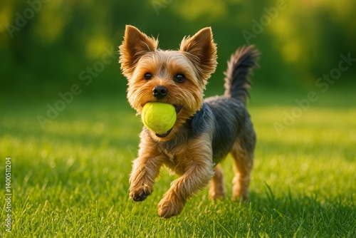Happy Dog Running With a Tennis Ball in a Sunny Green Park During Late Afternoon