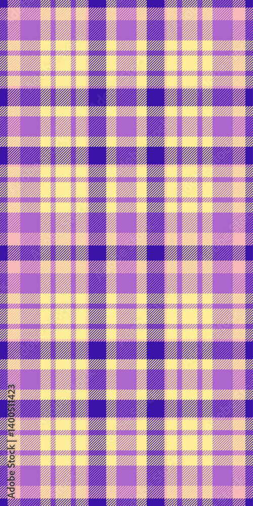 Canadian background pattern plaid, irish textile vector seamless. Rural fabric check tartan texture in yellow and purple colors. Canadian background pattern plaid, irish textile vector seamless. Rural fabric check tartan texture in yellow and purple colors.