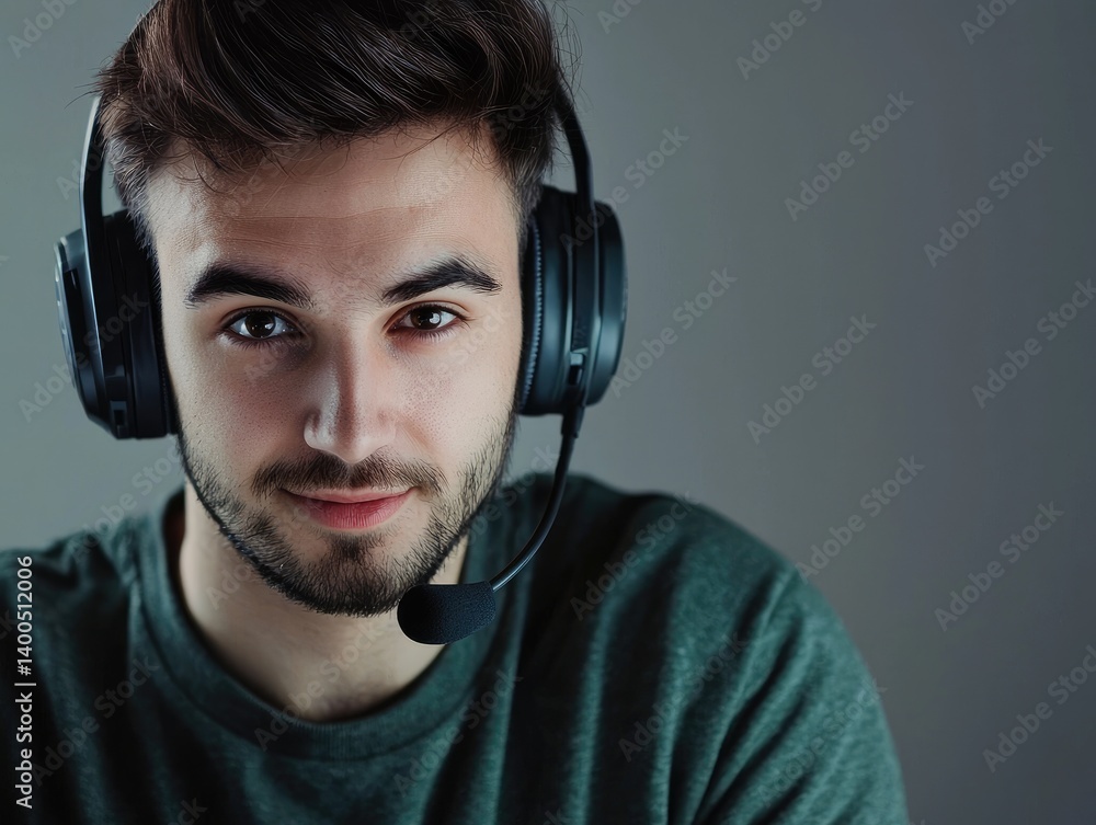 Focused young man wearing headphones and microphone