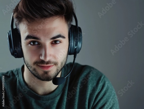 Obraz na płótnie Focused young man wearing headphones and microphone w salonie