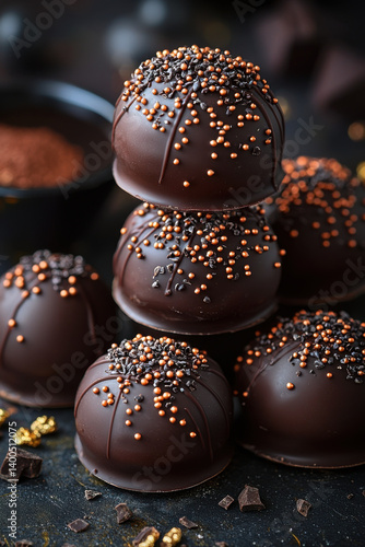Rich chocolate truffles with sprinkles stacked on dark surface