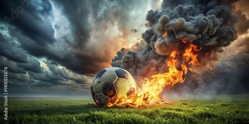 Fiery Football on Grass: Dramatic Sky, Burning Soccer Ball Stock Photo