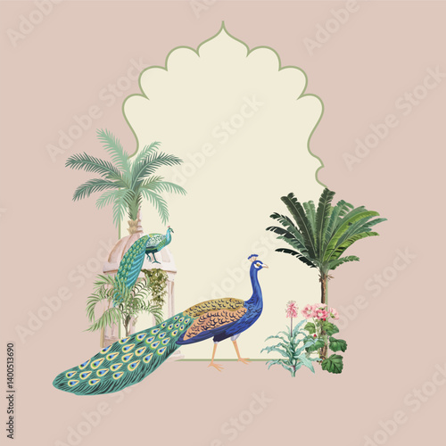 Traditional Mughal Wedding card monogram Design, Mughal Wall Mural, Peacock.
