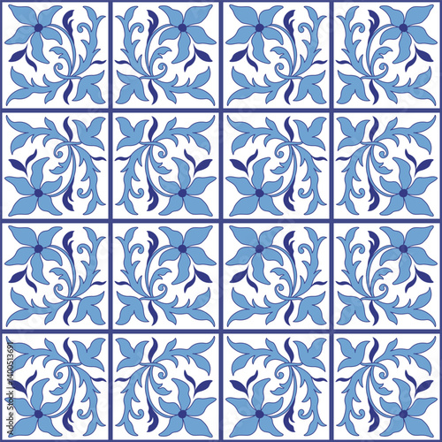Holland traditional painted ceramic tiles. Monochrome blue floral ornament. Blue curved flowers and leaves on white background. Rustic style seamless pattern. Vintage square mosaic tile