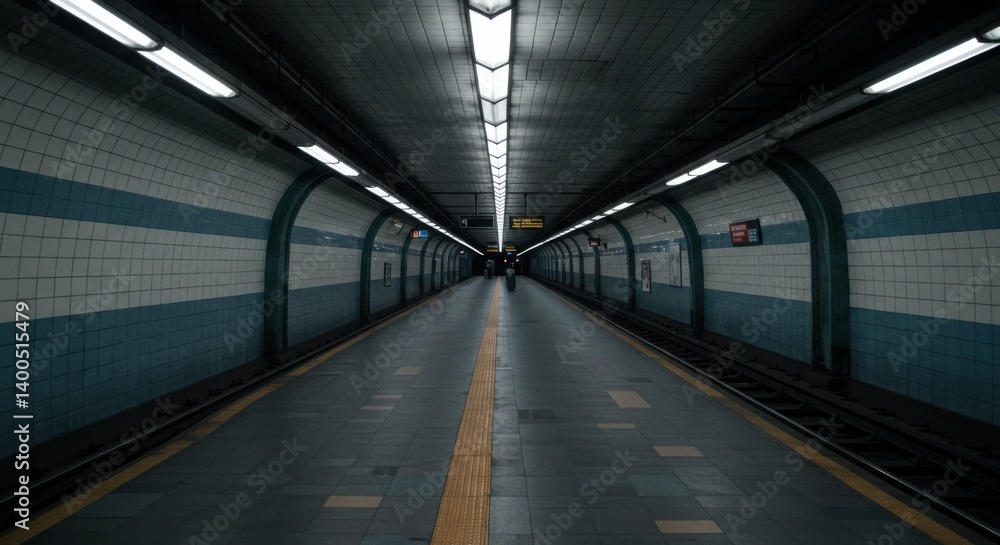 A long, dimly lit subway platform stretches into the distance with tiled walls, overhead fluorescent lights, and a yellow safety line A long, dimly lit subway platform stretches into the distance with tiled walls, overhead fluorescent lights, and a yellow safety line