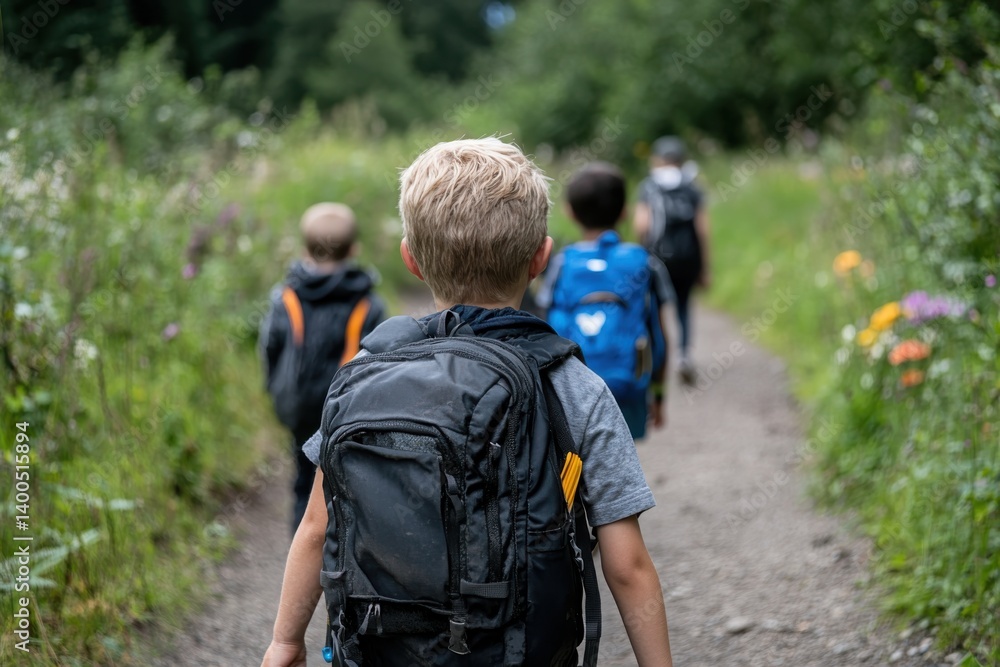 A group of children hike along a scenic nature trail, highlighting adventure, exploration, and the beauty of the outdoors as they carry their backpacks with excitement. A group of children hike along a scenic nature trail, highlighting adventure, exploration, and the beauty of the outdoors as they carry their backpacks with excitement.