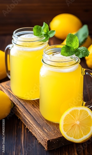 Refreshing lemon drinks in mason jars on wooden surface with lemons and mint