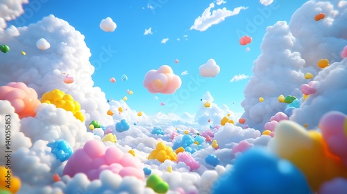 Cheerful bouncy 3D cartoon clouds scattered across a bright sky