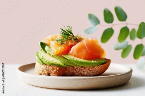 Obraz na płótnie Open-faced sandwich with avocado and smoked salmon on ceramic plate w salonie
