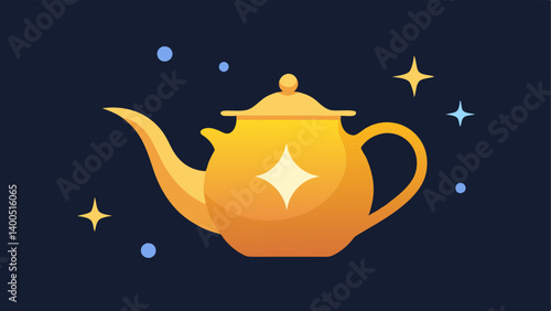 Midnight Magical Pour A classic teapot with a glossy finish. The teapot is depicted midpour and instead of a stream of liquid a waterfall of luminous stars flows outwards. The cup