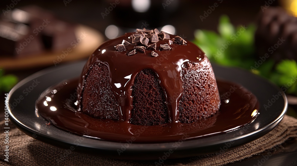 Chocolate lava cake with molten chocolate center, surrounded by soft, moist chocolate cake