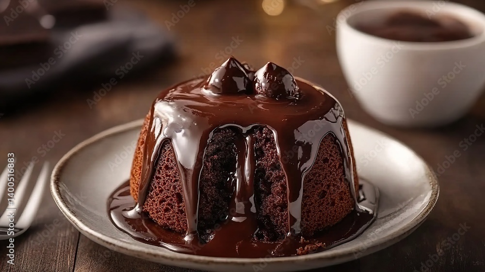 Chocolate lava cake with molten chocolate center, surrounded by soft, moist chocolate cake