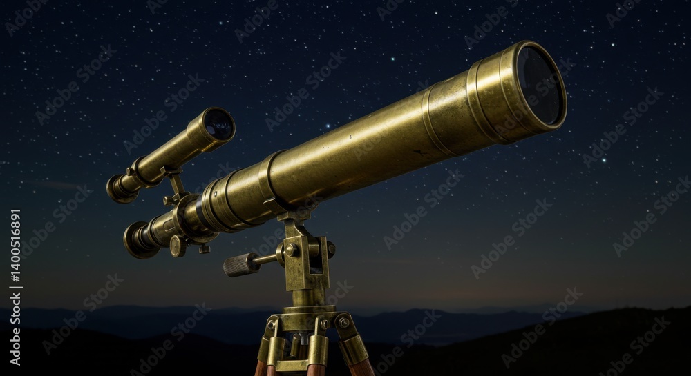 Fototapeta premium An antique brass telescope is mounted on a tripod against a backdrop of a starry night sky and distant mountains