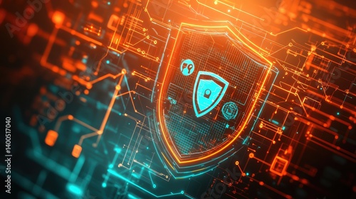 Illustration of a cybersecurity concept with a central shield icon surrounded
